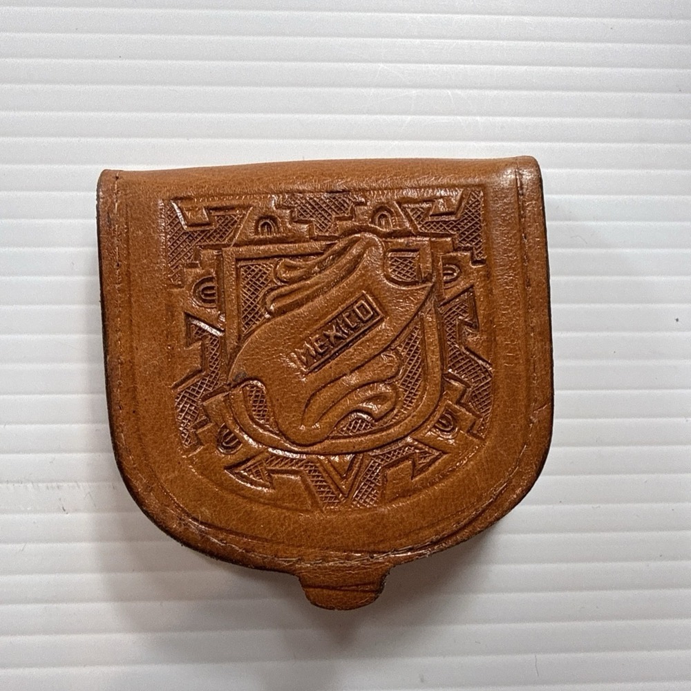Vintage 3" Stamped/ Tooled Leather Mexican Coin Purse Wallet Brown
